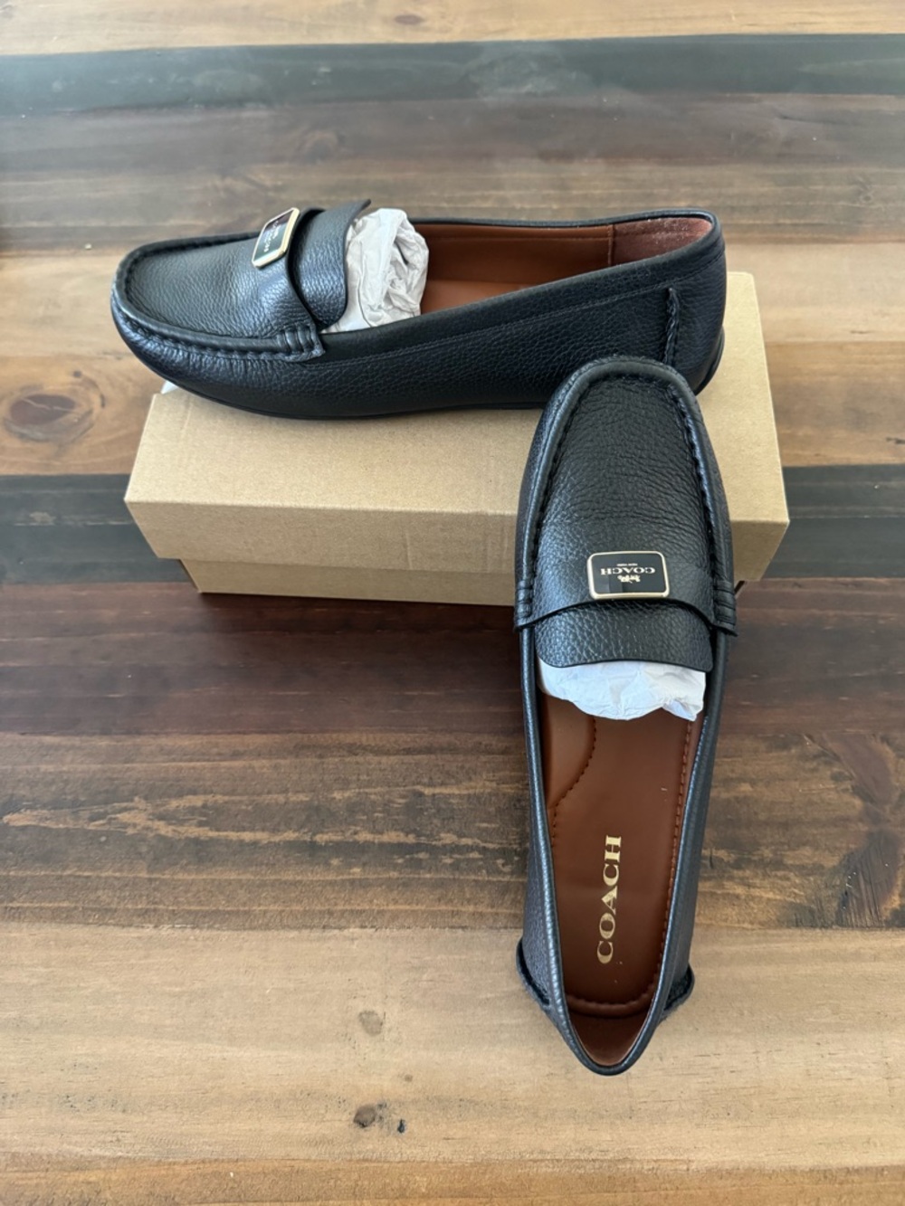 Coach Black Pebbled Leather Driving Loafers with Logo Plaque